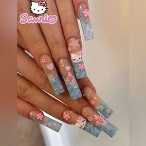 Sanrio 24pcs Hello Kitty Long Coffin Press-on Nails , Blue Leopard, French Style